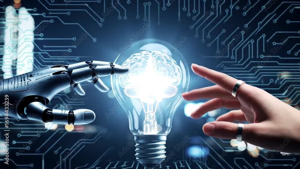 Poster robot and human hand touching a lightbulb with brain inside on circuit