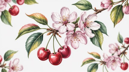 Delicate watercolor painting of cherry blossoms and ripe cherries on a branch