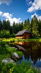 Wooden cabin by a pond in a forest (1)