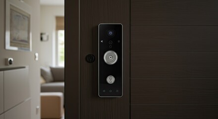 A sleek smart doorbell with a camera and buttons is installed on a modern wooden entry, offering advanced home security and convenient communication for residents.