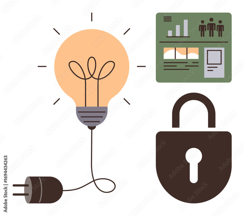 Poster bright lightbulb with connected plug, data charts with analytics, and a lock symbolizing innovation,