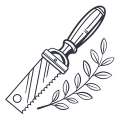 Traditional Hand Saw Paired with a Leafy Branch, Symbolizing Craft and Natural Growth