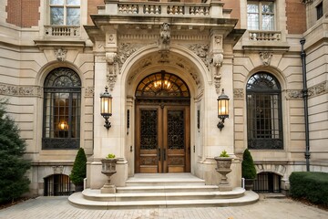 Elegant Entryway of Historic Brownstone with Architectural Details and Lighting