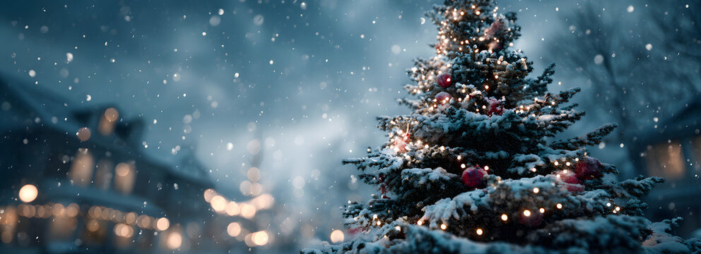 Christmas winter blurred background. Xmas tree with now decorated with garlandlights, holiday festive bakground. Widescreen backdrp. New year Winter art desgn, wide screen holiday boder