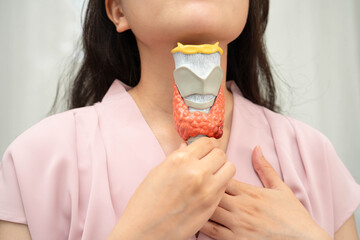 Hyperthyroidism, Overactive Thyroid, Thyroid Lymphoma, Asian woman with thyroid gland human anatomy...
