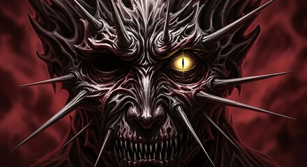Spiked Demon Face with Red Background.