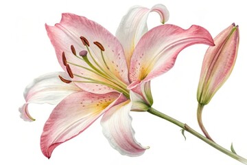Fototapeta premium Delicate pink white lily flower watercolor painting yellow