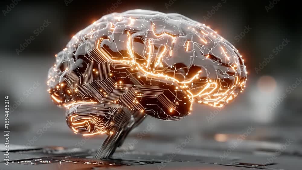 Poster digital brain: a mesmerizing digital rendering of a human brain, glowing with intricate circuitry, s