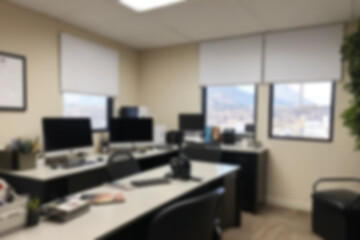 blurry image of office interior with luxurious work desk and computer, blurry wallpaper.