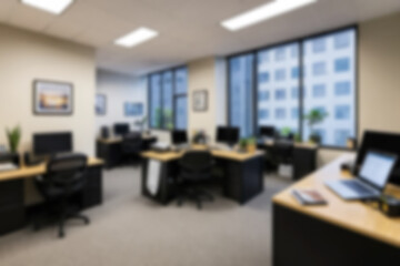 blurry image of office interior with luxurious work desk and computer, blurry wallpaper.