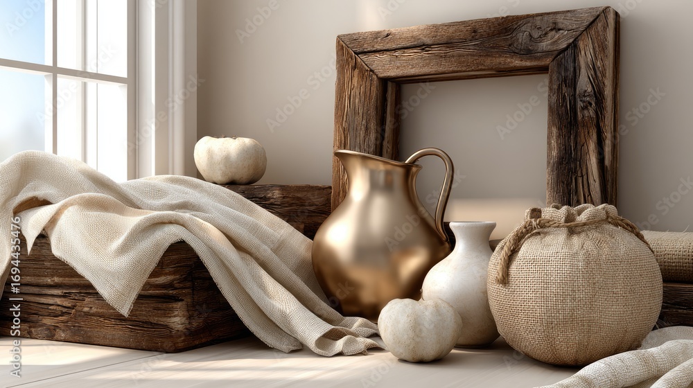 Poster rustic wooden mug and clay jug rest on checkered cloth, illuminated by soft natural light creating a