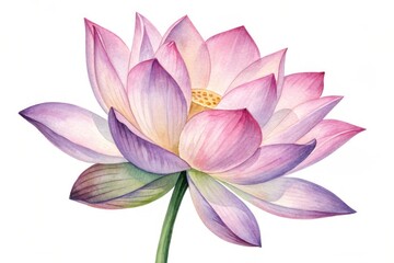 Delicate watercolor lotus bloom with pink purple petals and green stem flower