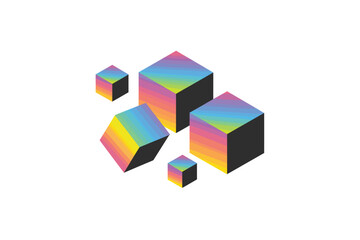 Colorful Isometric Cubes: A modern geometric vector illustration featuring an arrangement of cubes with a rainbow gradient fill and black outlines on a white background.