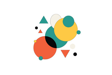 Geometric Abstract: Bold Circles and Triangles in Teal, Coral, Yellow, and Black on White Background for Modern Art and Design Projects