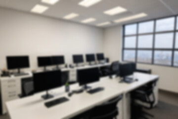 blurry image of office interior with luxurious work desk and computer, blurry wallpaper.