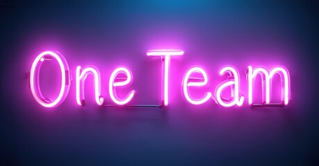 Bright pink neon sign displays words One Team against dark blue gradient background. Simple, modern design evokes unity.