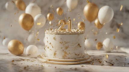 A Golden 21th Birthday Cake With Confetti