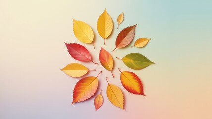 Vibrant autumn leaves arranged artfully on a softly gradient background