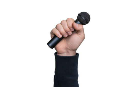 Caucasian males hand micophone on white background,png