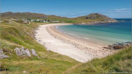 Coastal beach scene with houses.  Tranquil bay