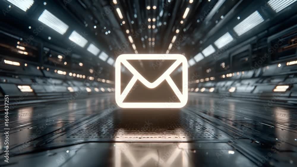 Poster cyber e-mail: an illuminated envelope symbol against a futuristic, tech-infused backdrop, representi