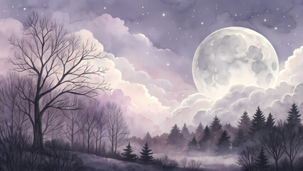 Hand-painted atmospheric illustration featuring translucent moonlight through blurred clouds, dreamy seasonal decorative design
