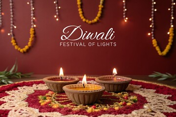 Decorative Oil Lamps for Diwali Celebration with Floral Rangoli and Garland Lights

