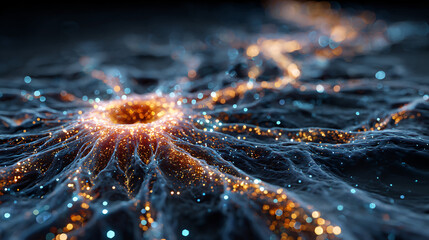 An abstract microscopic view inside a cell with glowing pathways and new traffic patterns of luminous proteins.