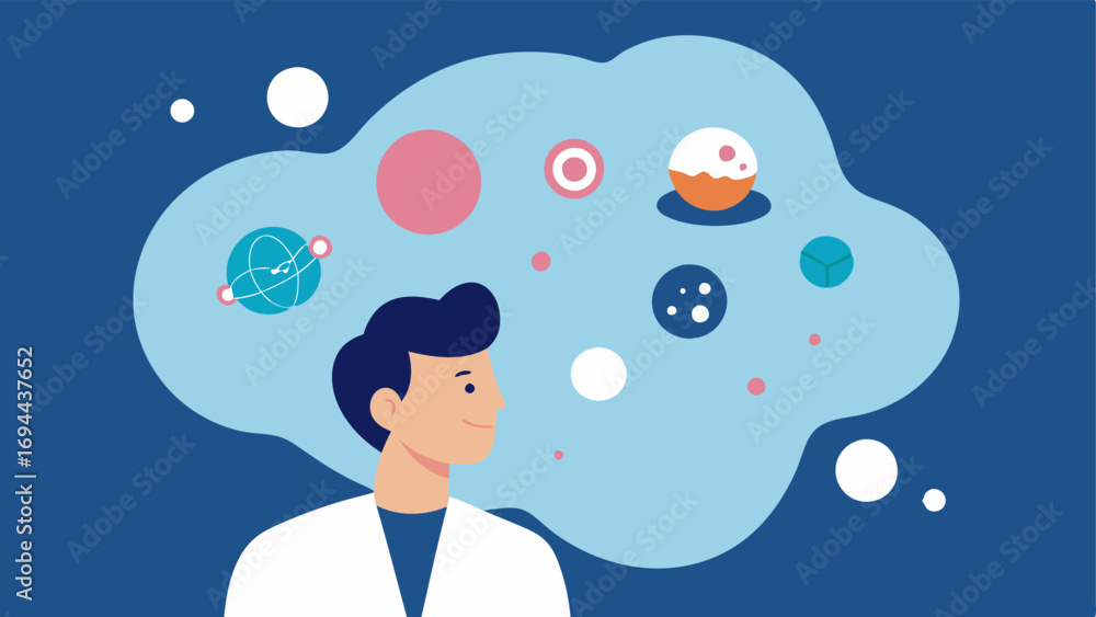 Poster bubble of innovation a thought bubble showing a scientist conceptualizing a product with imagery of 