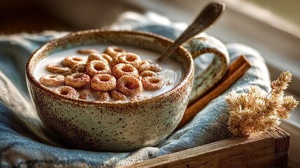 Bowl of cereal rings with milk and cinnamon for breakfast