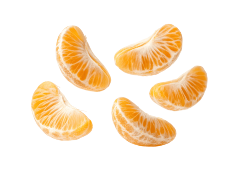 Fresh tangerine segments isolated on transparent background are displayed
