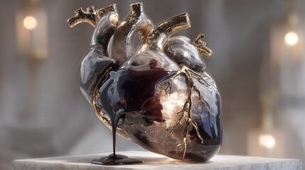 Abstract sculpture of a human heart with dark material seeping from within.