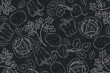 Background with drawn vegetables on a grainy texture for healthy eating designs or eco-restaurant menu designs. Illustration Vegetables on a black background