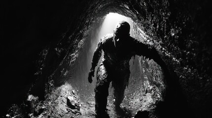 Obraz premium Silhouette figure cave exploration