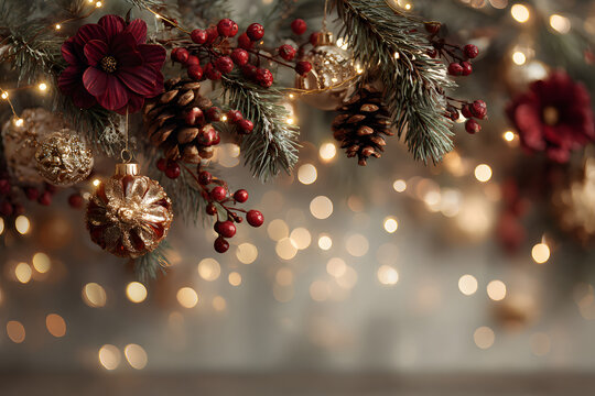 Frame made of fir tree branches, garland with lightsand festive decorations ondark green background. Chrstmas and New Year celebraion. Winter holidays. Top iew, flat lay with copy spce - Powered by Adobe