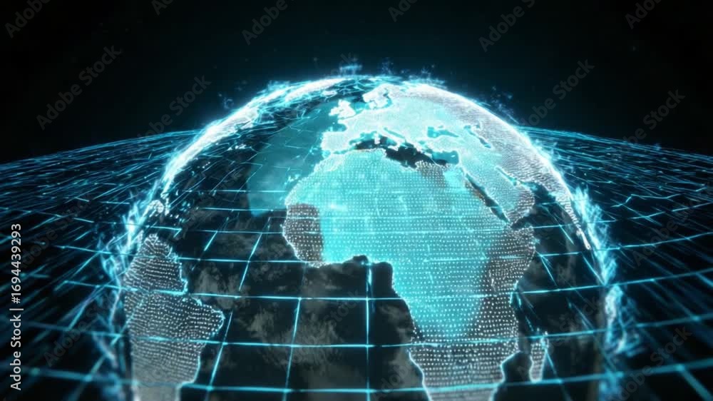 Poster digital globe in the cyberspace: a futuristic depiction of our planet, an illuminated digital sphere