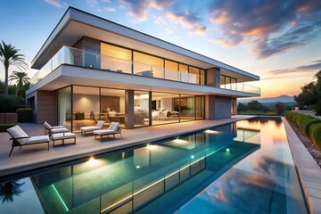 Fototapeta premium House with modern design featuring a pool and outdoor seating area during sunset with a scenic view featuring luxury, architecture, contemporary