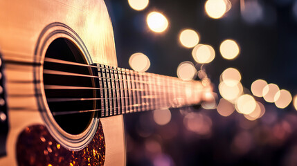 Naklejka premium Vibrant close-up of a guitar under soft warm lights Generative AI