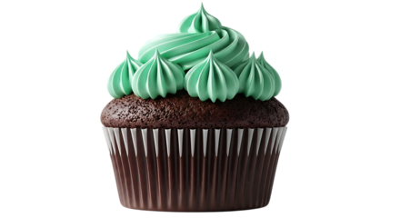 Chocolate cupcake with green frosting isolated on transparent background