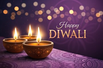 Elegant Diwali Diyas with Warm Glow on Purple Background

