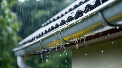 Vibrant closeup of rainwater dripping from gutter Generative AI