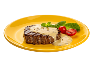 Steak with sauce on a yellow plate isolated on white isolated on transparent background
