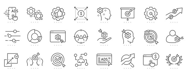 Targeting line icons for advertising and marketing: audience segmentation, optimization, personalization, retargeting, analytics, PPC, conversion, campaign strategy, editable stroke designers