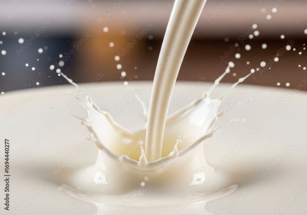 Poster a stream of white liquid pours into a pool creating a dynamic splash and crown shape with numerous d