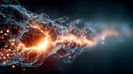 A single, complex, glowing molecule emerges from a dark, primordial aqueous solution, symbolizing the spark of life.