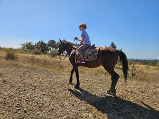 A young girl enjoys a horseback ride on a scenic mountain trail on a sunny day. Ideal for content about travel, family vacations, outdoor adventures, and active hobbies.