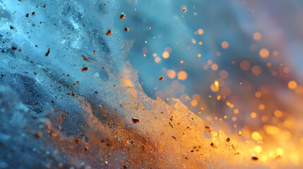 Fototapeta premium abstract crystallized ice fractals in luminous blue blending with molten orange glow cold versus warmth