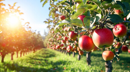 Fototapeta premium Vibrant sunlit apples in a lush orchard setting Generative AI