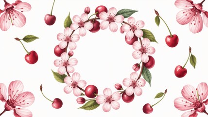 Delicate watercolor cherry blossoms and ripe cherries form a beautiful circular wreath design
