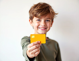 Young child cheerfully displaying a yellow credit card, showcasing a sense of achievement and financial curiosity...